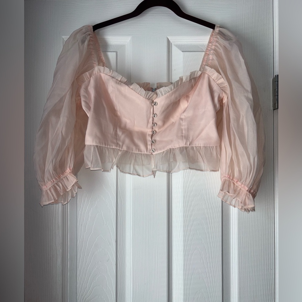 Off-the-shoulder pink coquette romantic puff sleeve corset sweetheart ruffle Lrg